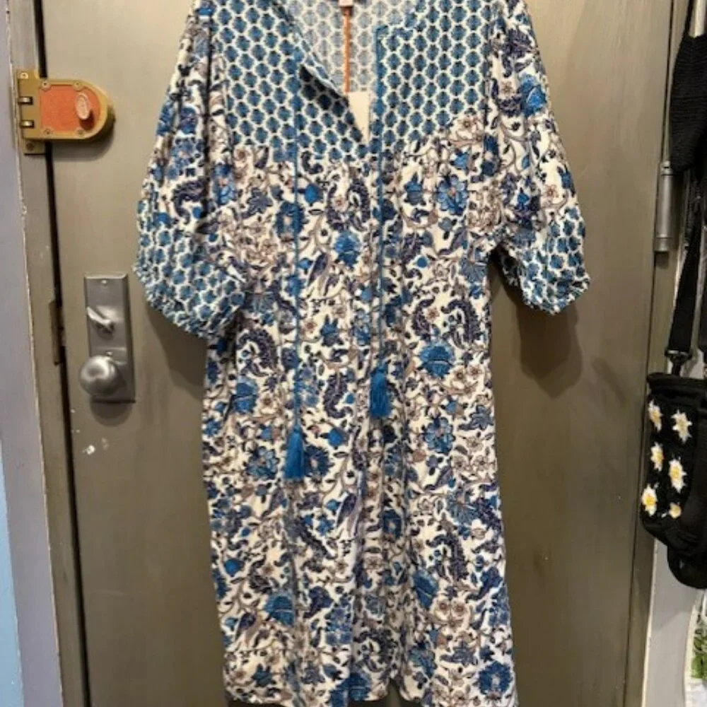 Retro Puff Sleeve Blue Bohemian Floral Tassel Tie Dress - Picture 4 of 16